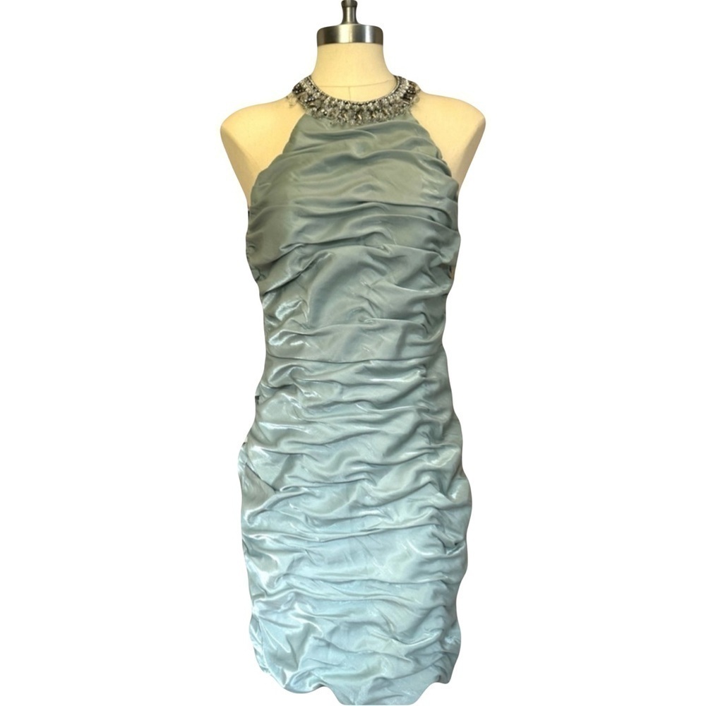 CACHET womens dusty blue/grey ruched satin mini dress with rhinestone neckline